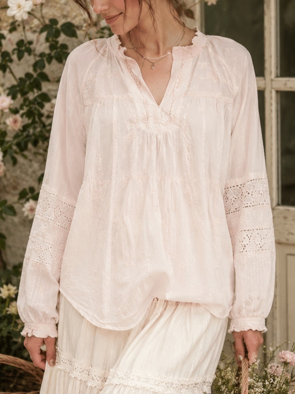 LOFT Pale Pink Embroidered Peasant Blouse Eyelet Sleeve Boho Small